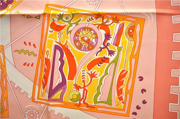 Authentic HERMES Carre 90 Scarf "La mecanique des idees" Silk Pink Box 1317D