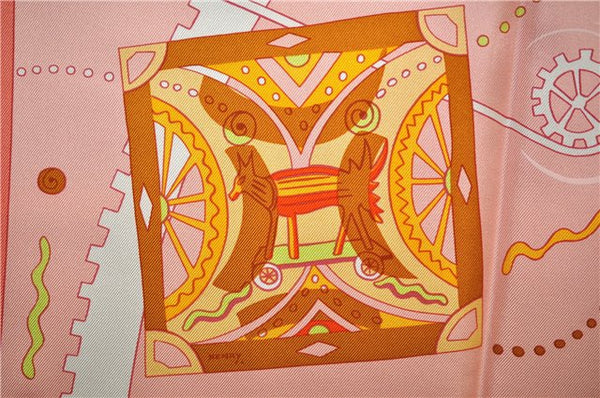 Authentic HERMES Carre 90 Scarf "La mecanique des idees" Silk Pink Box 1317D