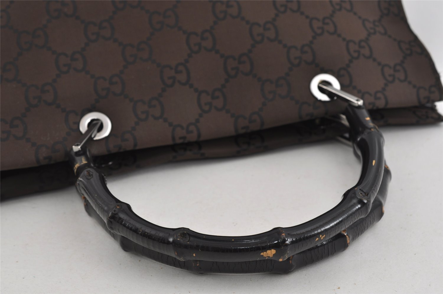 Authentic GUCCI Vintage Bamboo Hand Bag GG Nylon Leather 0021010 Brown 1317I