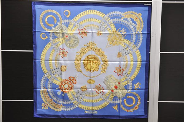 Authentic HERMES Carre 90 Scarf "KOSMIMA" Silk Blue 1318D