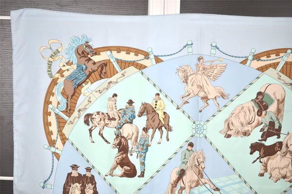 Authentic HERMES Carre 90 Scarf "Musee Vivant du Cheval" Silk Light Blue 1318I