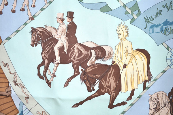 Authentic HERMES Carre 90 Scarf "Musee Vivant du Cheval" Silk Light Blue 1318I