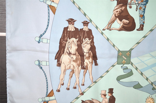 Authentic HERMES Carre 90 Scarf "Musee Vivant du Cheval" Silk Light Blue 1318I