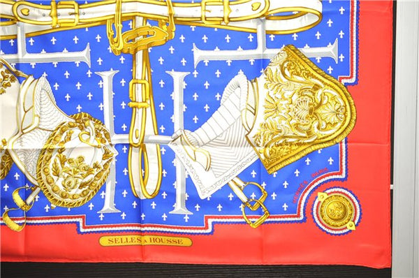 Authentic HERMES Carre 90 Scarf "SELLES A HOUSSE" Silk Red 1323D