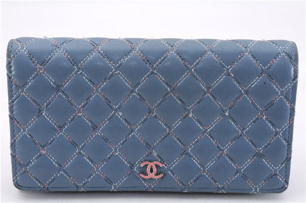 Authentic CHANEL Calf Skin Matelasse Long Wallet Purse CC Logo Blue Box 1325F