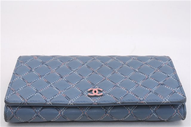 Authentic CHANEL Calf Skin Matelasse Long Wallet Purse CC Logo Blue Box 1325F