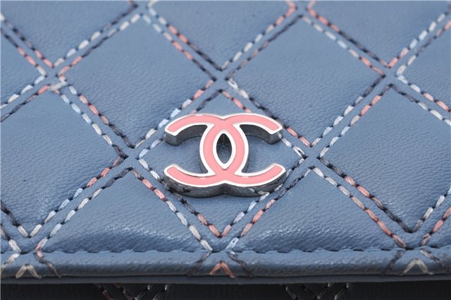 Authentic CHANEL Calf Skin Matelasse Long Wallet Purse CC Logo Blue Box 1325F