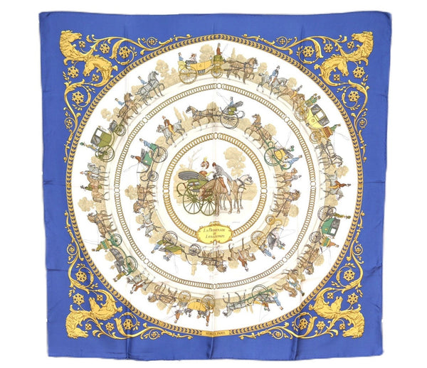 Authentic HERMES Carre 90 Scarf "LA PROMENADE DE LONGCHAMPS" Silk Blue 1325G