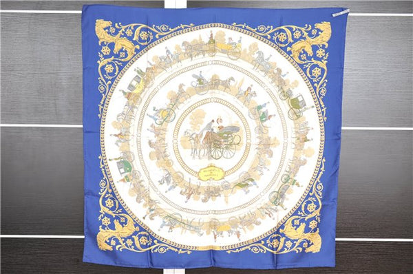 Authentic HERMES Carre 90 Scarf "LA PROMENADE DE LONGCHAMPS" Silk Blue 1325G