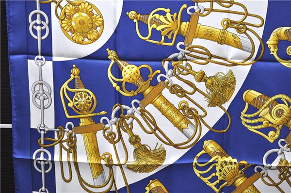 Authentic HERMES Carre 90 Scarf "Cliquetis" Silk Blue 1326D