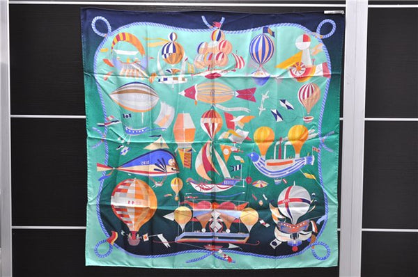 Authentic HERMES Carre 90 Scarf "LES FOLIES DU CIEL" Silk Green 1327D