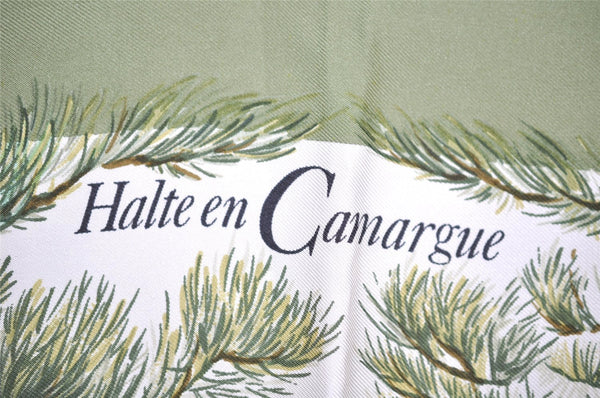 Authentic HERMES Carre 90 Scarf "Halte en Camargue" Silk Khaki Green 1327I