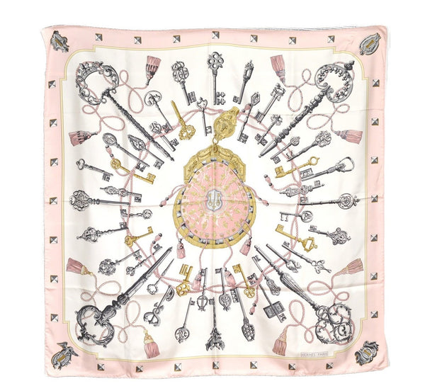 Authentic HERMES Carre 90 Scarf "LES CLES" Silk Pink 1328G