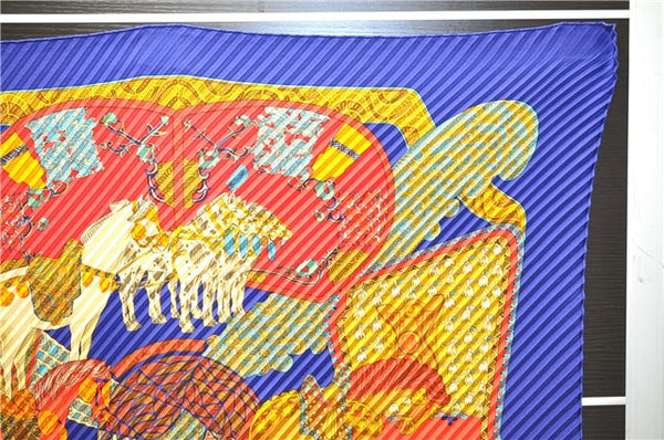 Authentic HERMES Pleats Scarf "ART des STEPPES" Silk Blue Box 1331D