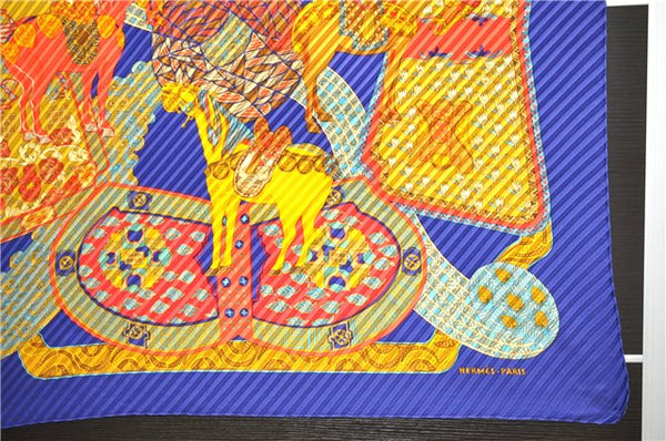 Authentic HERMES Pleats Scarf "ART des STEPPES" Silk Blue Box 1331D