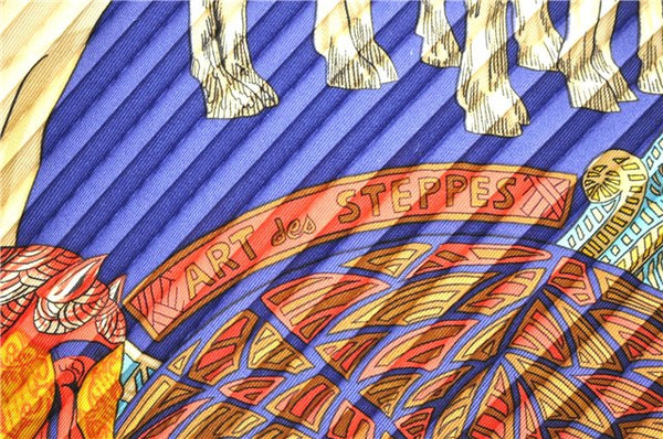 Authentic HERMES Pleats Scarf "ART des STEPPES" Silk Blue Box 1331D