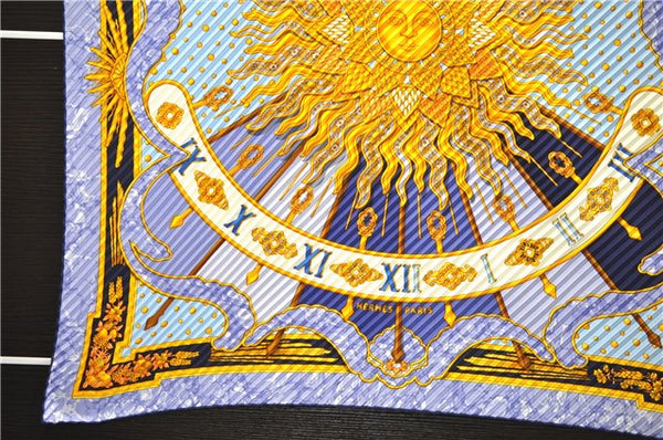 Authentic HERMES Pleats Scarf "CARPE DIEM" Silk Blue Box 1332D