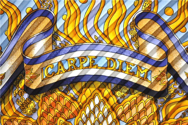 Authentic HERMES Pleats Scarf "CARPE DIEM" Silk Blue Box 1332D