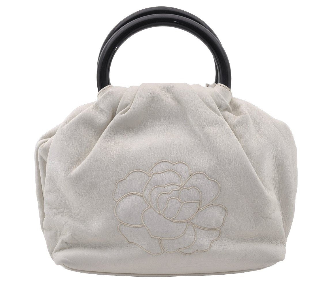 Authentic CHANEL Vintage Camellia Leather Plastic Hand Bag Purse White 1333I