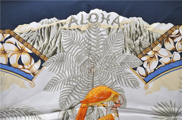 Authentic HERMES Carre 90 Scarf "ALOHA" Silk Navy Blue 1334D