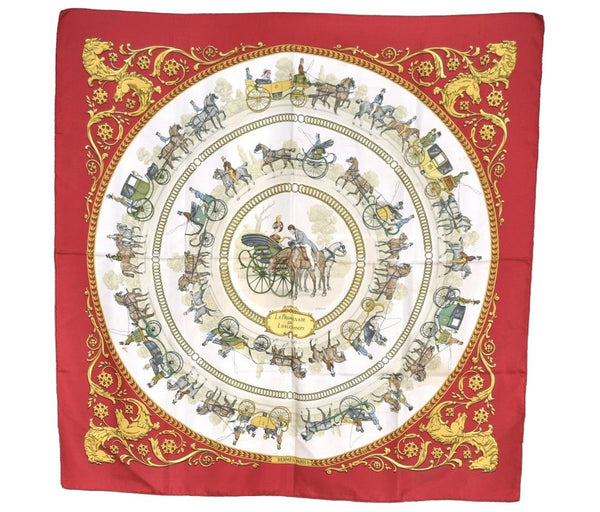 Authentic HERMES Carre 90 Scarf "LA PROMENADE DE LONGCHAMPS" Silk Bordeaux 1334I