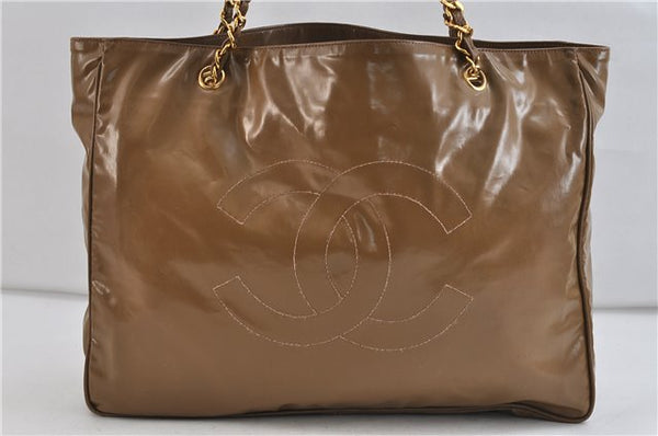 Authentic CHANEL CC Logo Chain Shoulder Tote Bag Purse Enamel Brown 1337D