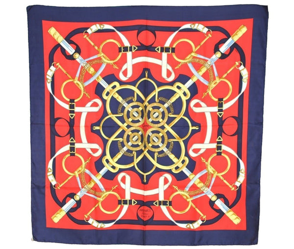 Authentic HERMES Carre 90 Scarf "Eperon d'Or" Silk Navy 1340I