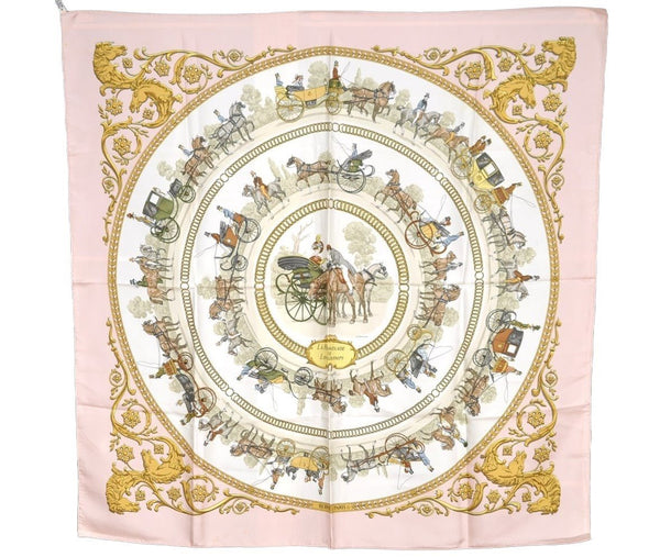 Authentic HERMES Carre 90 Scarf "LA PROMENADE DE LONGCHAMPS" Silk Pink 1343I