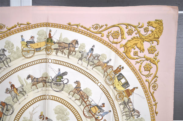 Authentic HERMES Carre 90 Scarf "LA PROMENADE DE LONGCHAMPS" Silk Pink 1343I