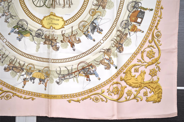 Authentic HERMES Carre 90 Scarf "LA PROMENADE DE LONGCHAMPS" Silk Pink 1343I