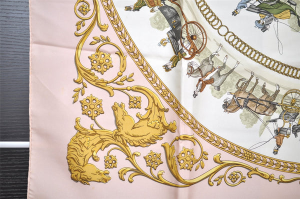 Authentic HERMES Carre 90 Scarf "LA PROMENADE DE LONGCHAMPS" Silk Pink 1343I