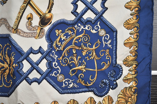 Authentic HERMES Carre 90 Scarf "LVDOVICVS MAGNVS" Silk Blue 1346I