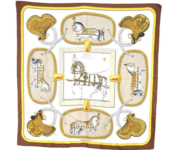 Authentic HERMES Carre 90 Scarf "GRAND APPARAT" Silk Brown 1347I