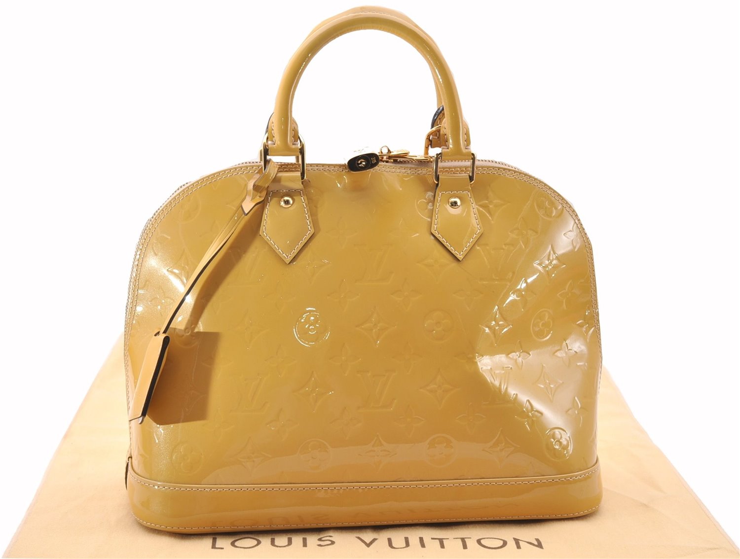 Authentic Louis Vuitton Vernis Alma PM Hand Bag Purse Yellow M91445 LV 1354F