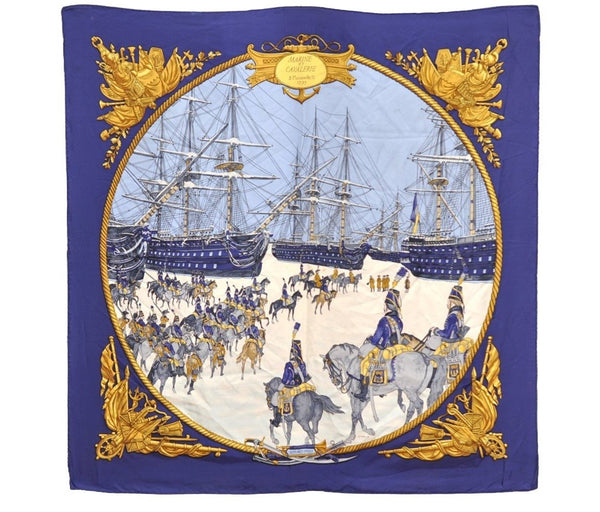 Authentic HERMES Carre 90 Scarf "MARINE ET CAVALERIE" Silk Navy Blue 1354I