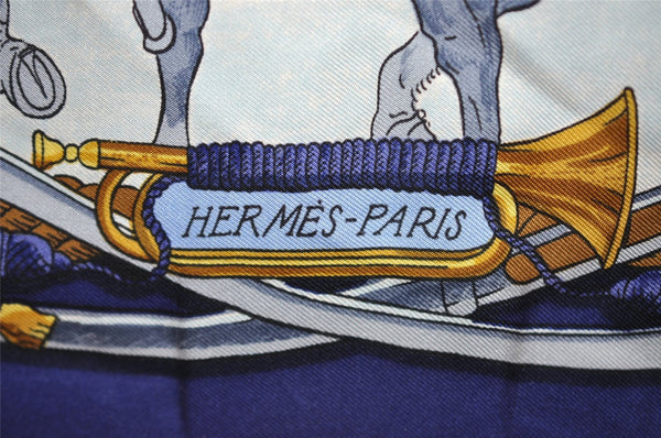 Authentic HERMES Carre 90 Scarf "MARINE ET CAVALERIE" Silk Navy Blue 1354I