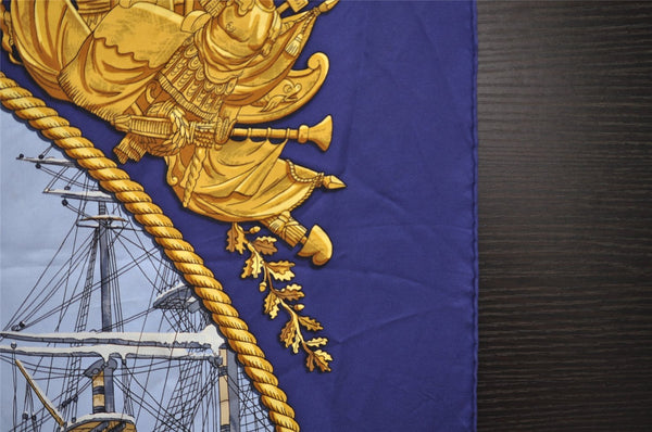 Authentic HERMES Carre 90 Scarf "MARINE ET CAVALERIE" Silk Navy Blue 1354I