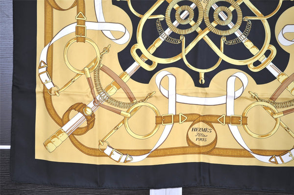 Authentic HERMES Carre 90 Scarf "Eperon d'Or" Silk Black 1355I