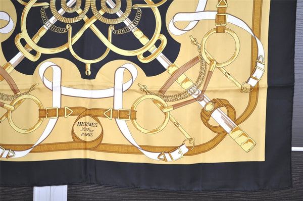 Authentic HERMES Carre 90 Scarf "Eperon d'Or" Silk Black 1355I