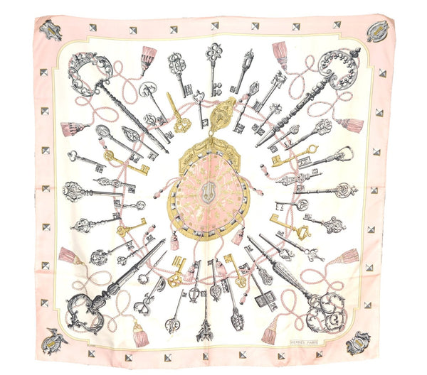 Authentic HERMES Carre 90 Scarf "LES CLES" Silk Pink 1357G