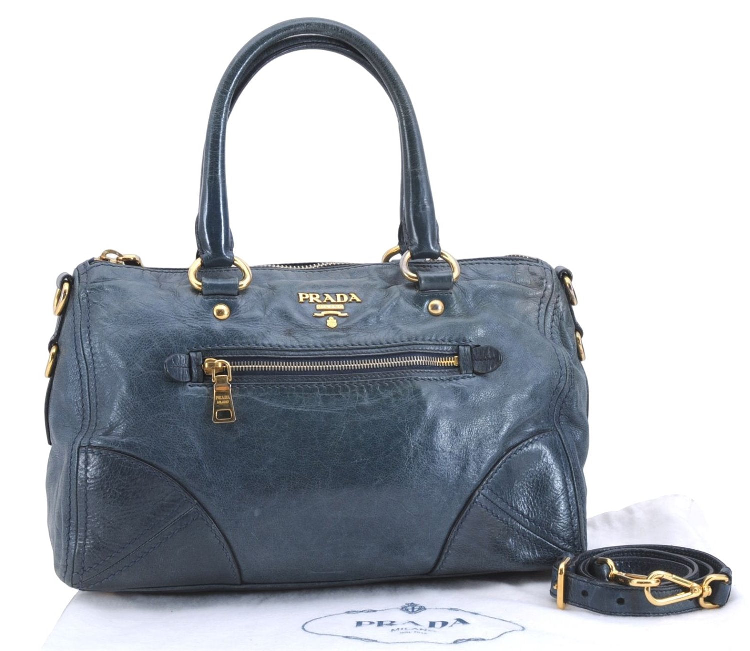 Authentic PRADA Leather Nappa 2Way Shoulder Hand Bag Blue 1358E