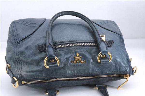 Authentic PRADA Leather Nappa 2Way Shoulder Hand Bag Blue 1358E