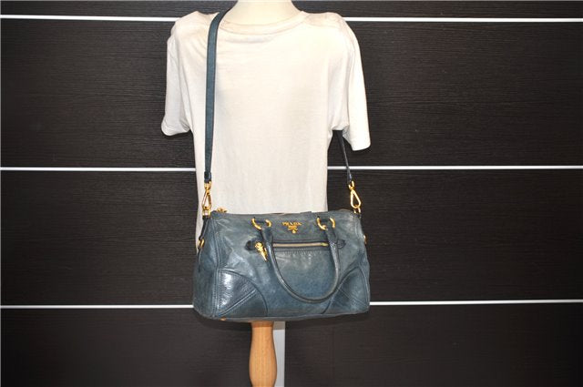 Authentic PRADA Leather Nappa 2Way Shoulder Hand Bag Blue 1358E