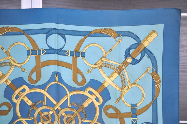 Authentic HERMES Carre 90 Scarf "Eperon d'or" Silk Blue 1358I