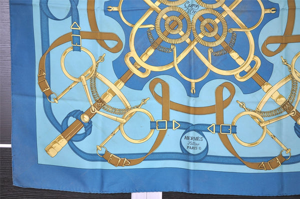 Authentic HERMES Carre 90 Scarf "Eperon d'or" Silk Blue 1358I