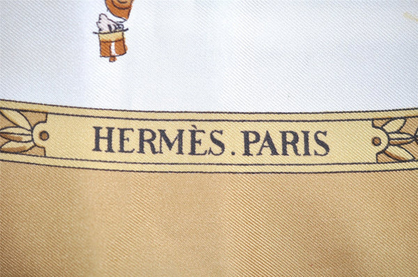 Authentic HERMES Carre 90 Scarf "LA PROMENADE DE LONGCHAMPS" Silk Beige 1359I