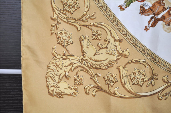 Authentic HERMES Carre 90 Scarf "LA PROMENADE DE LONGCHAMPS" Silk Beige 1359I