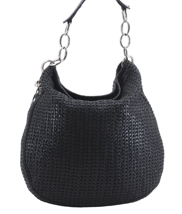 Authentic Christian Dior Mesh Design Chain Shoulder Tote Bag Leather Black 1365E