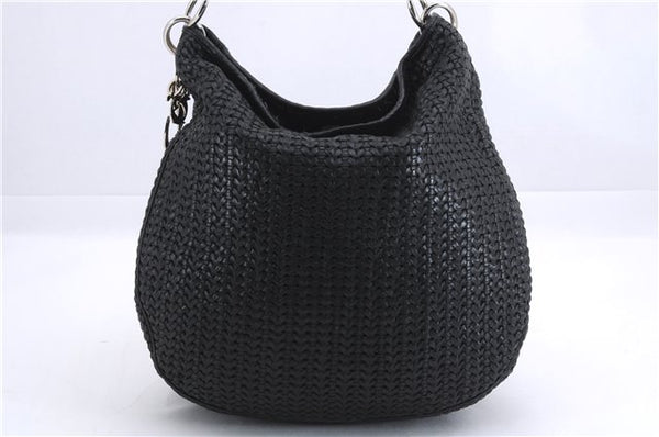 Authentic Christian Dior Mesh Design Chain Shoulder Tote Bag Leather Black 1365E