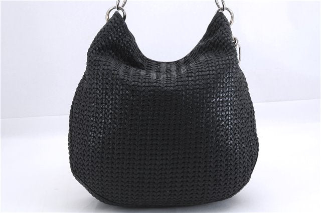 Authentic Christian Dior Mesh Design Chain Shoulder Tote Bag Leather Black 1365E